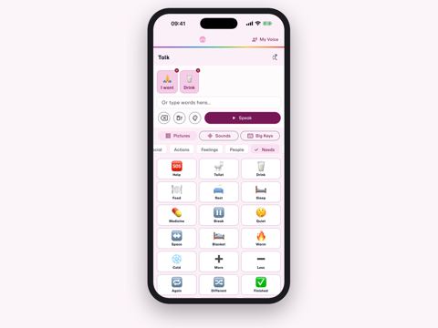 An iPhone showing the Talk symbol board, with I want and Drink in the sentence bar and a grid of Needs cards such as Help, Toilet, Drink and Food.