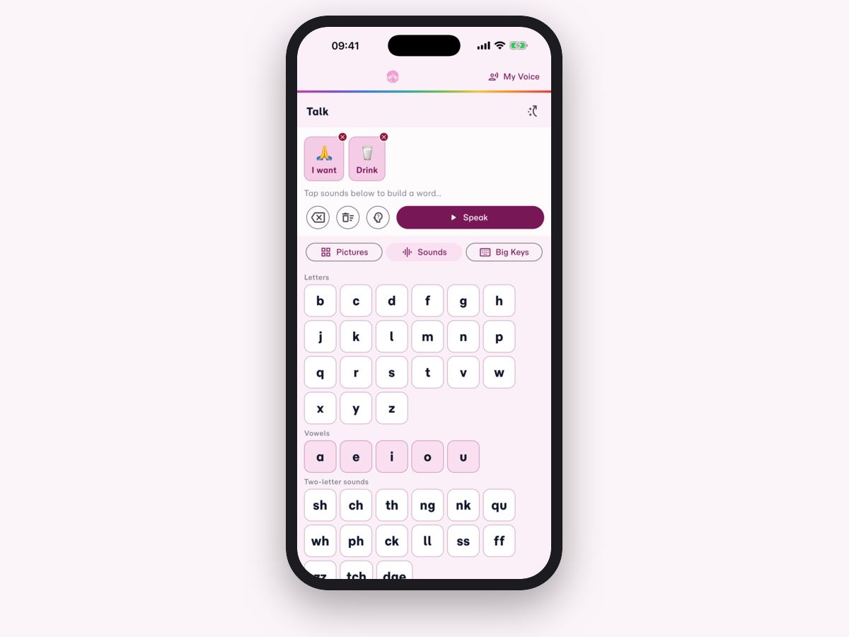 An iPhone showing the Sounds keyboard, with rows of letters, vowels and two-letter sounds such as sh, ch and th.