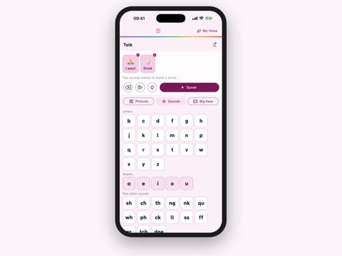 An iPhone showing the Sounds keyboard, with rows of letters, vowels and two-letter sounds such as sh, ch and th.
