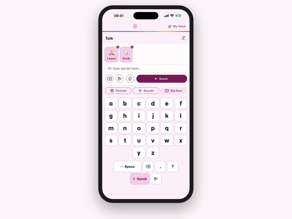 An iPhone showing the Big Keys keyboard, with large letter buttons and a Speak button.