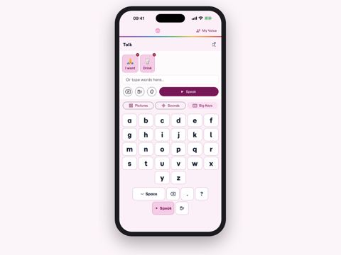 An iPhone showing the Big Keys keyboard, with large letter buttons and a Speak button.