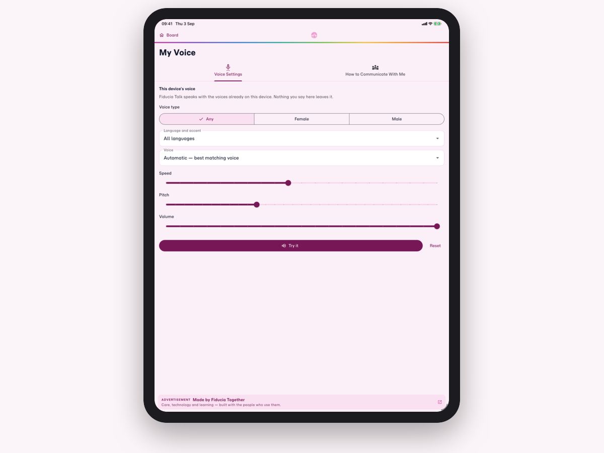 An iPad showing the My Voice settings, with a voice type choice, a language menu, and sliders for speed, pitch and volume.