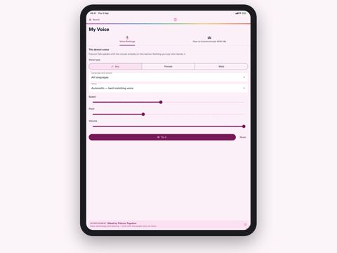 An iPad showing the My Voice settings, with a voice type choice, a language menu, and sliders for speed, pitch and volume.
